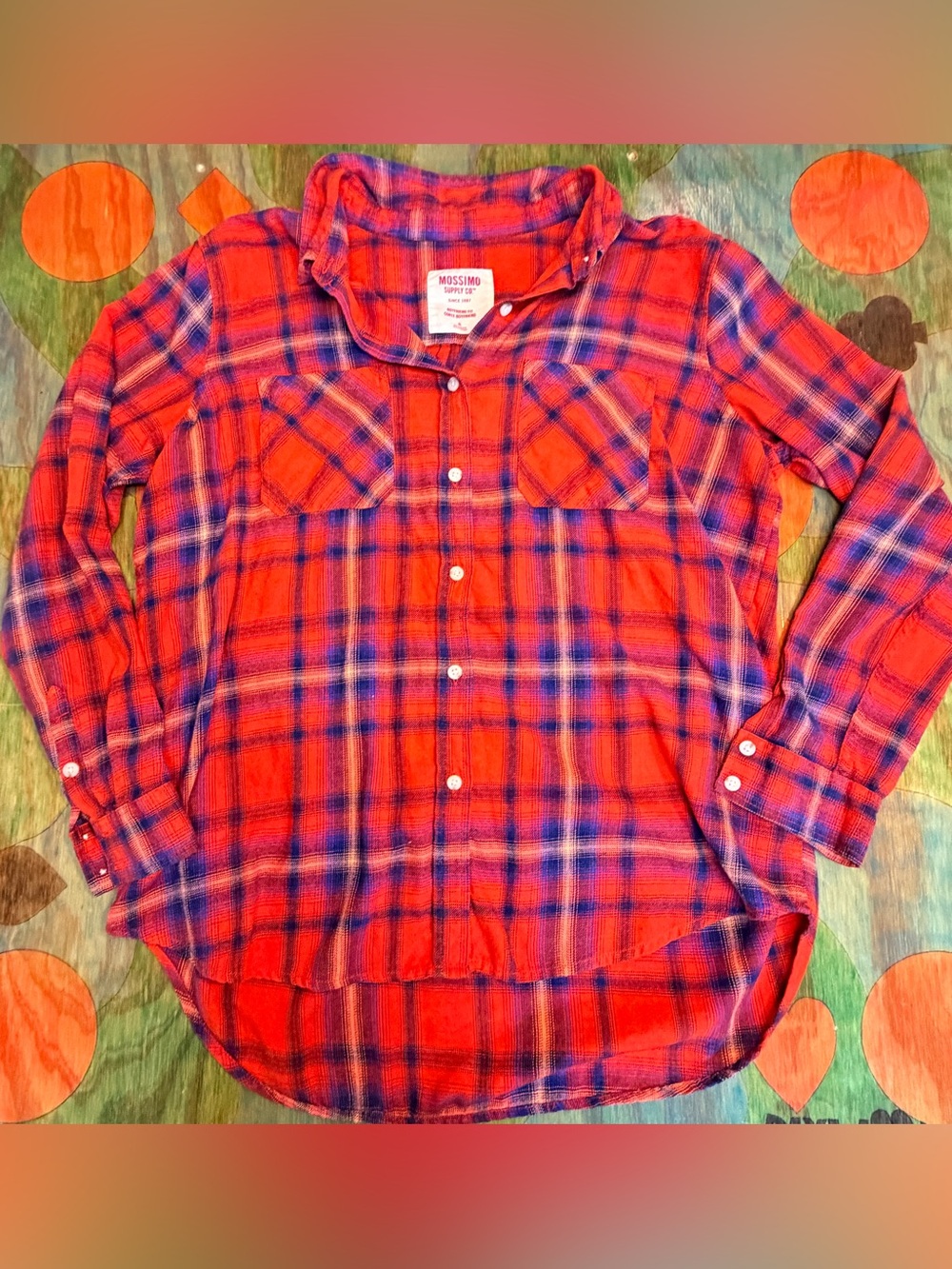 Mossimo Supply Co. Womens XL Orange Plaid Boyfriend Fit Button-Up Flannel Shirt